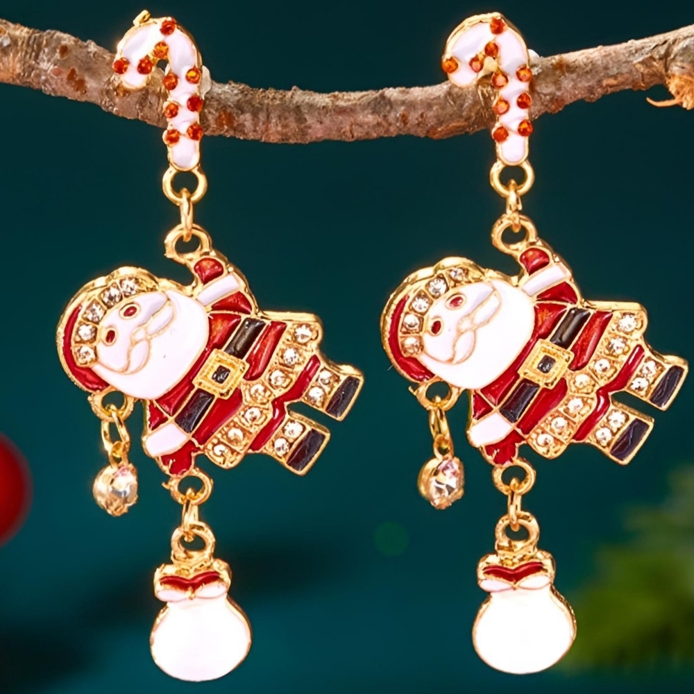 18K Gold Festive Santa Candy Cane Post Dangle Holoday Earrings Christmas Jewelry